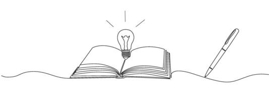 Opened book with glowing light bulb in one continuous line. Symbol of education, reading and writing in one line style . editable illustration vector