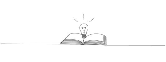 Opened book with glowing light bulb and pen in one continuous line. Symbol of education, reading and writing in one line style . editable illustration vector