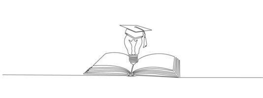 Opened book with light bulb and student's hat in one continuous line. Symbol of education, graduate , learning intelligence in one line style . editable illustration vector