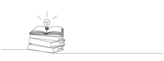 Stack of books with opened book on top and light bulb in one continuous line. Symbol of library, education, literature, reading in one line style . editable illustration vector