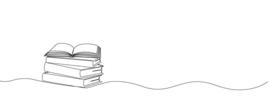 Stack of books with opened book on top in one continuous line. Symbol of library, education, literature, reading in one line style . editable illustration vector