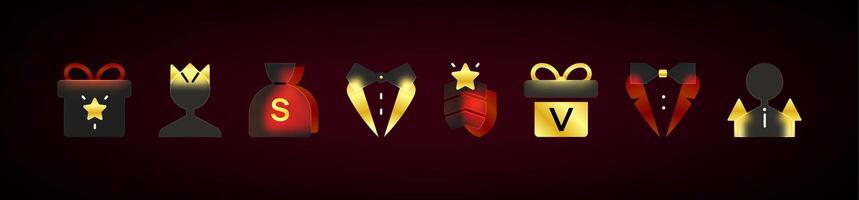 Realistic glassmorphism UI gold and red icons set. Blurry VIP icons. Game Rewards and Status Icons vector