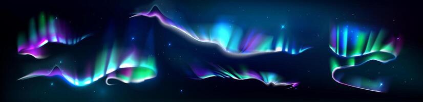 Aurora Borealis. Multi-colored decorative glowing floating shapes on a dark background. Abstract collection gradient holographik shapes. Northern lights effect set vector