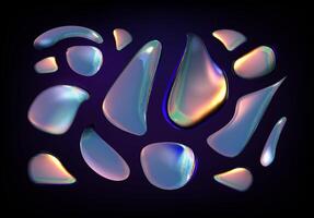 Collection of holographic fluid forms in the dark background . 3d shiny holo drops on the surface vector