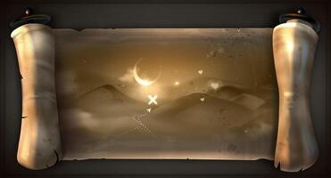 Ancient scroll of parchment paper on the dark background. The scroll is old and worn, with treasure map. The paper is brown and has a slightly rough texture. Unfolded scroll for your design vector