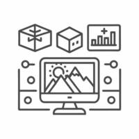 Explore creative possibilities with illustrations of mountain landscapes and data visualization concepts in a digital workspace vector
