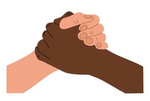 Two hands clasping together, one black and one white. Concept of unity vector