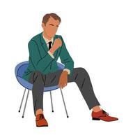 A man in a green jacket and gray pants sits in a blue chair. He is wearing a tie and a red shoe. The man is thinking or contemplating something vector