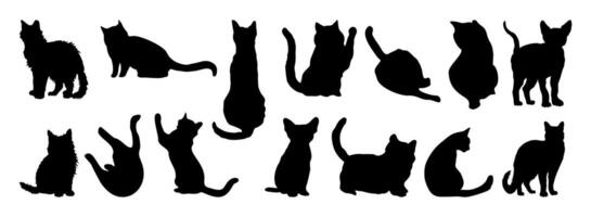 Set of black cat silhouettes in various poses. Scene is playful and whimsical, as the cats appear to be engaged in different activities such as playing, stretching vector