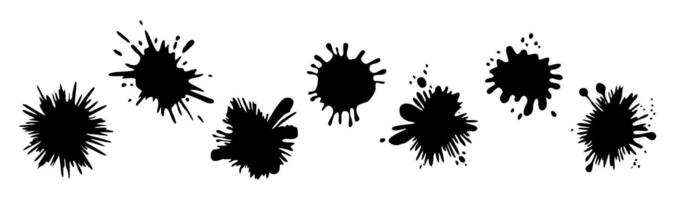 Set of black splatters on a white background. The splatters are of different sizes and shapes. vector