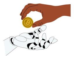 Human hand holding bitcoin gold coin and putting it to robotic arm. Cryptocurrency change concept vector