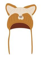 Knitted cartoon cat hat with a brown and white design. The hat is cute and playful vector