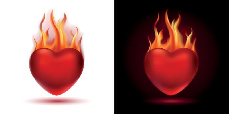 Glossy red heart on fire on white and dark background. Mesh gradient icon. Love romantic design. Template for holiday cards, Valentine's day, happy wedding