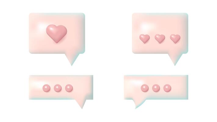 3D speech bubbles different shapes message icon. Soft pink color For social media advertising posters. isolated set.
