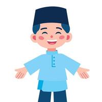 Happy smiling malay muslim kid open arm pose welcome gesture flat design vector