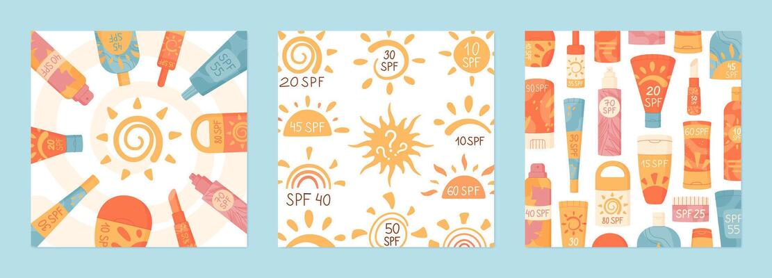 Flat summer banner set with spf cream and sun symbols, sun block cosmetic bottle and skin protection moisturizer product at cartoon backgrounds, hand drawn sun shapes at social media post template.