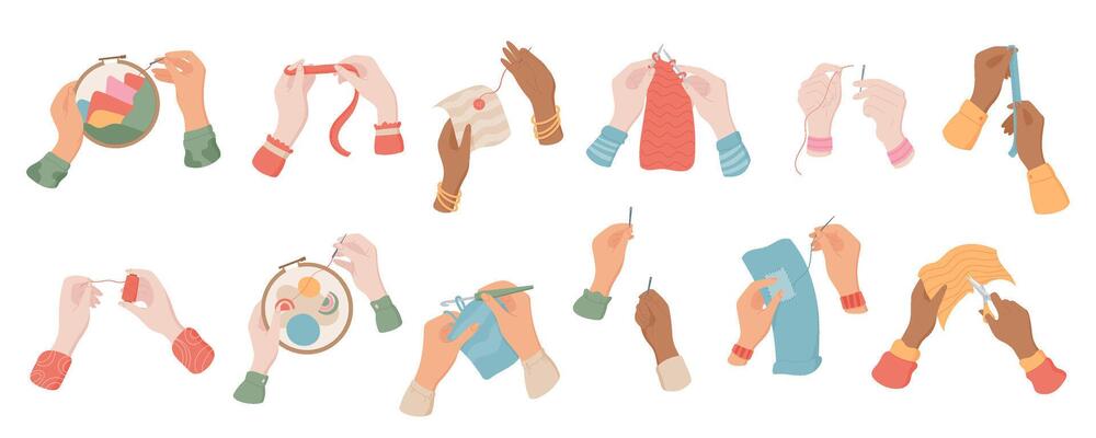 Set of hands sewing, knitting, and embroidering with thread and needle. Various hand positions holding sewing tools collection. Cute illustration of handmade craft, embroidery, and tailoring projects.