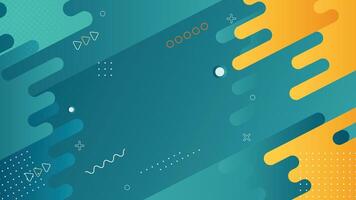 Dynamic Memphis-style background featuring teal and yellow hues with geometric shapes, dotted patterns, and playful accents. Perfect for presentations, web design, and creative projects. vector