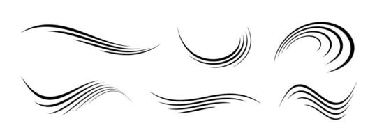 Wind motion lines set. Flowing waves collection. Blowing hurricane, breeze or storm line concept. Black swirls, curves and spirals bundle. Air movement and gust symbols pack. vector