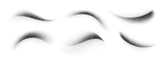 Stippled curved brush stroke set. Wavy grainy spray element collection. Black flowing sand splashes pack. Dotted noise gradient shades bundle. Splattered dust particle texture waves. vector