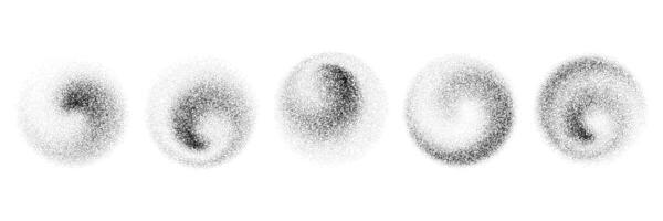 Dotted swirl gradient shapes. Black stippled spiral object set. Grainy spray circles collection. Noise wave splashes and splatters forms. Dissolving sand dust texture. Fading halftone elements vector