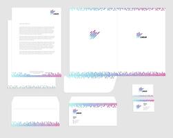 Business corporate identity set template, white background, colorful square, linear logo. Card, blank, folder, envelope. vector