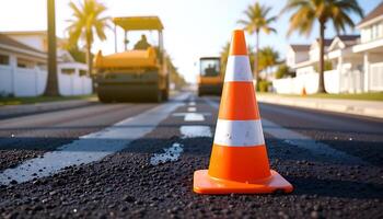 Traffic cone and road rollers on a freshly paved street with palm trees photo