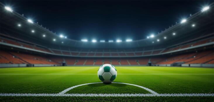 Anticipation on the Field, Close-Up of a Pristine Soccer Ball Positioned on a Well-Maintained Grass Pitch with White Boundary Lines and Stadium Floodlights Illuminating the Background photo