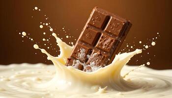 Indulgent Delight, Chocolate Bar Dipped into a Splash of Milk with Dynamic Motion and Rich Brown Background photo