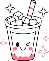A cute, animated drink with a smiley face, ice cubes, and a straw, surrounded by sparkling stars. vector