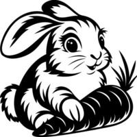 Bunny Cute rabbit sitting next to a carrot in a simple black and white design. vector