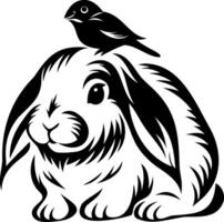 Bunny Cute rabbit with a bird perched on its head in a black and white illustration. vector