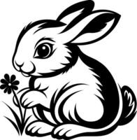 Bunny Cute rabbit holding a flower in a simple black and white illustration. vector