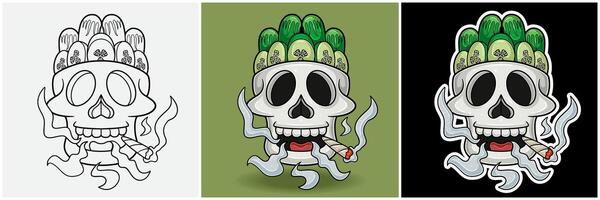 Cucumber Fruit Inside Skull Head With Smoking Character Cartoon. Black White, Colorful and Sticker Style vector