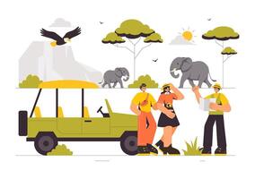 Wildlife Safari Adventure Visitors Enjoying a Zoo Trip with Giraffes and Elephants in a Flat Cartoon Style vector