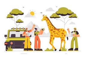 Animal Safari Journey A Illustration of Tourists Observing Wildlife in a Flat Style Background vector