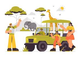 Family Day at the Zoo A Fun Wildlife Safari with Giraffes and Elephants in a Flat Style Background vector