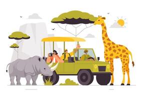 Safari Park Excursion Visitors Enjoying a Wildlife Encounter with Giraffes and Elephants in a Fun Illustration vector