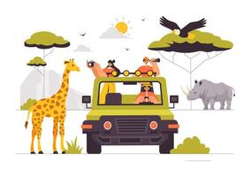 Wildlife Adventure Tourists Exploring a Zoo with Giraffes, Elephants, and Other Animals in a Flat Cartoon Style vector