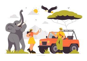 Zoo Safari Experience Visitors Exploring Wildlife with Giraffes, Elephants, and More in a Fun Cartoon Illustration vector