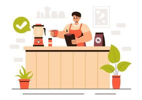 Coffee Brewing and Tasting Illustration in a Cafe with Cups, Kettle, and Happy Customers vector