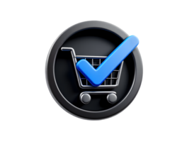 3D rendering of a shopping cart icon with a blue checkmark, symbolizing a successful online purchase. png