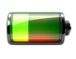 High-Capacity Battery Power Level Indicator A 3D Render of a Battery with a Near-Full Charge, Displaying Vibrant Green and Yellow Hues, Indicating High Energy Storage and Readiness for Use. png