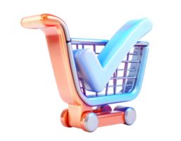 3D rendering of a shopping cart with a check mark, symbolizing a successful online purchase. png