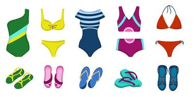 set of swimsuits and shoes. Color illustration of swimsuits and sandals in different colors and styles. vector