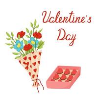 postcard on Valentine's day. Color image of a bouquet of flowers with a box of chocolates and an inscription. Declaration of love. vector