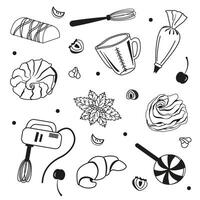 isolated set of cakes, candies and marshmallows. Image of confectionery sweet dishes and berries with mixer, whisk and measuring cup. Pastry Chef Day concept. vector