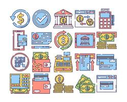 Flat design financial icons featuring banking, transactions, payments, digital wallets, ATMs, currency exchange, and financial management. Perfect for fintech, business, and financial applications. vector