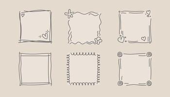 hand drawn doodle frames set with sketch borders, hearts, swirls, and floral elements for design, scrapbooking, invitations, and creative projects vector