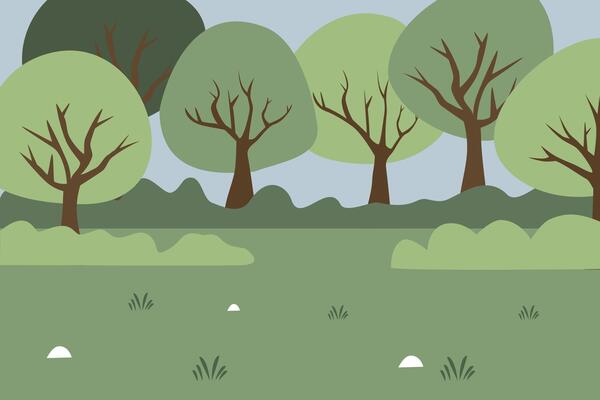 Simple forest background. Rural hill. Countryside. Jungle illustration. Trees. Bushes. Grass. Spring. Summer. Simple background.